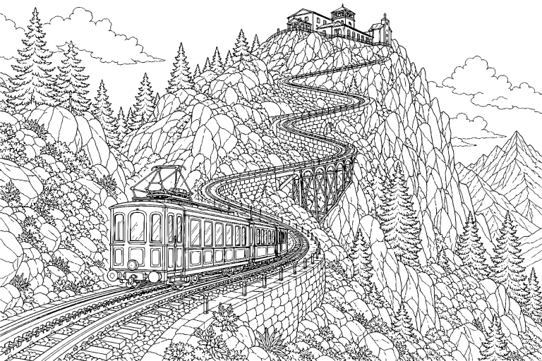 Bergbahn am Serpentinenhang - Ausmalbild