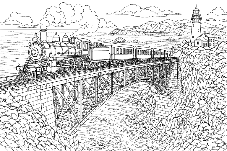Dampfzug über die Küstenbrücke - Ausmalbild