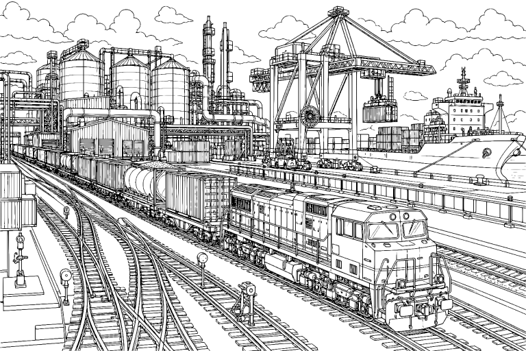 Güterzug im Industriehafen - Ausmalbild