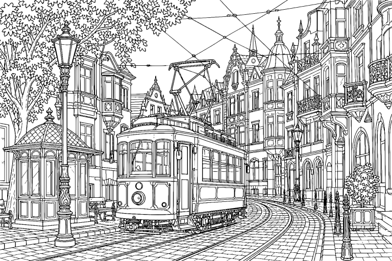 Historische Straßenbahn im Altstadtviertel - Ausmalbild