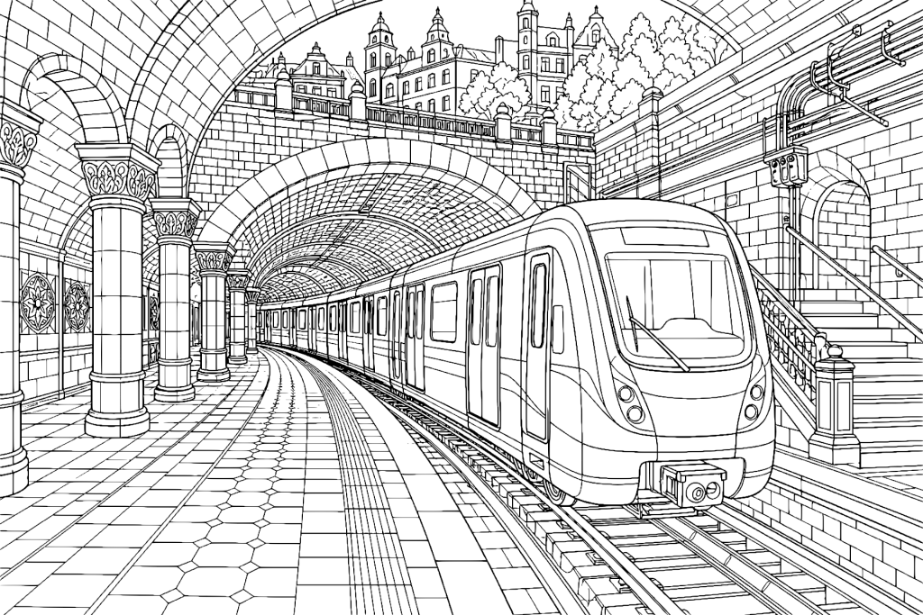 Metrozug unter der Altstadt - Ausmalbild