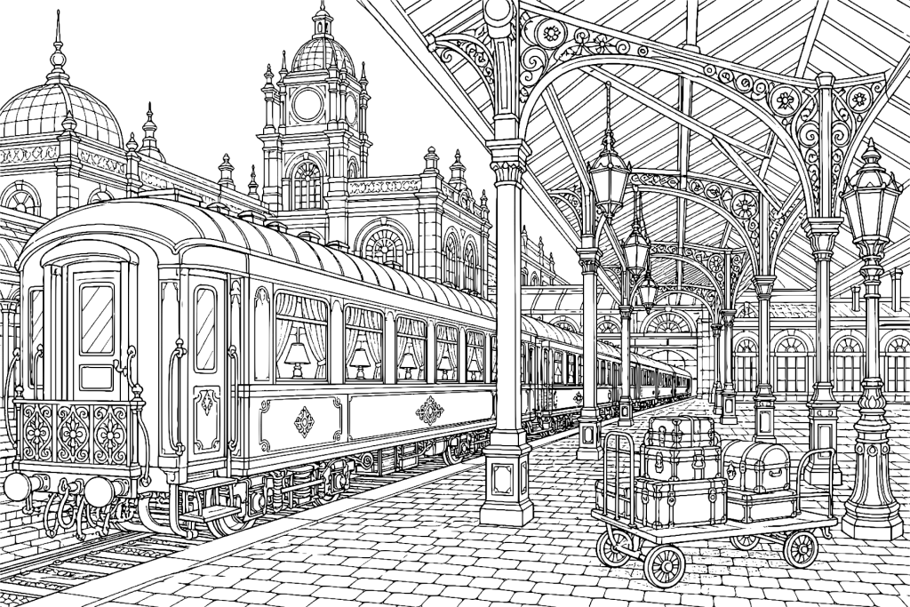 Nachtzug am historischen Bahnhof - Ausmalbild