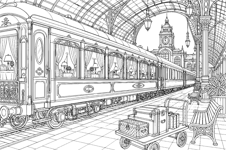 Nostalgischer Speisewagenzug im Bahnhof - Ausmalbild
