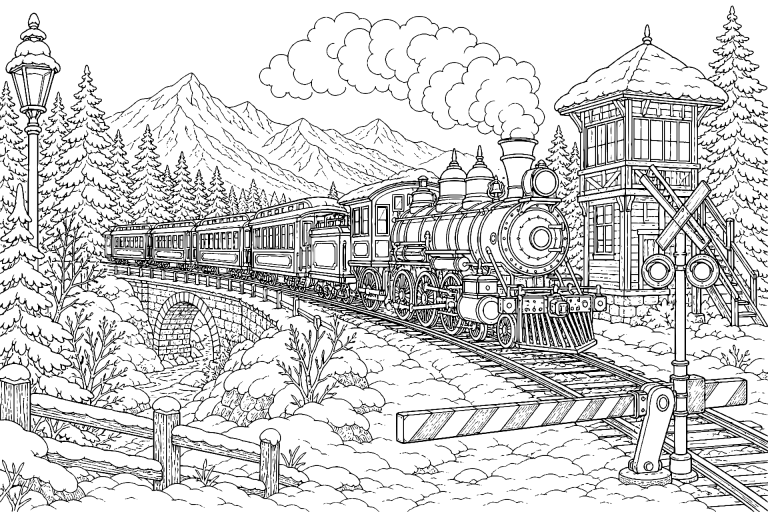 Orientexpress durch den Winterwald - Ausmalbild