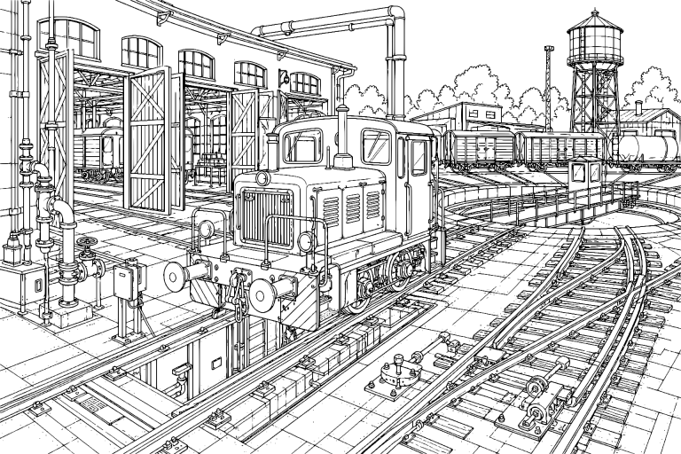 Rangierlokomotive im Bahnbetriebswerk - Ausmalbild