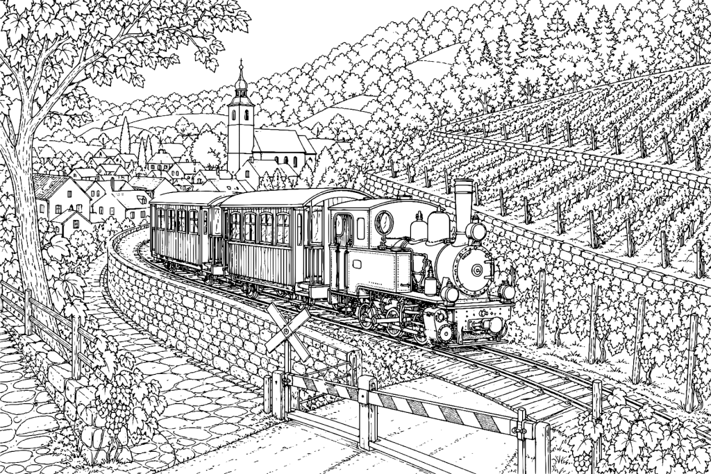 Schmalspurbahn im herbstlichen Weinland - Ausmalbild
