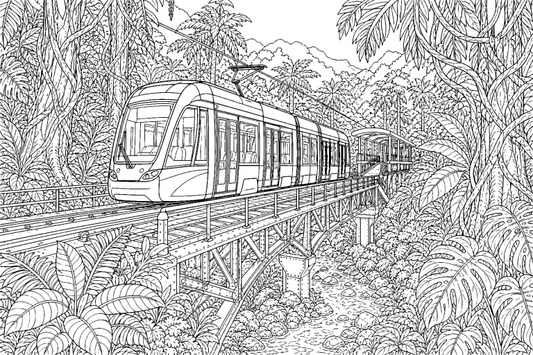 Straßenbahn durch den Regenwald - Ausmalbild