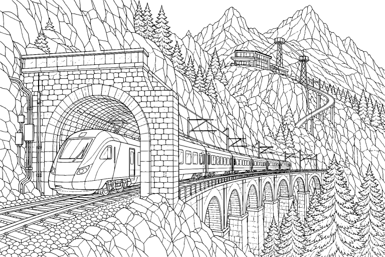 Tunnelzug im Alpenmassiv - Ausmalbild