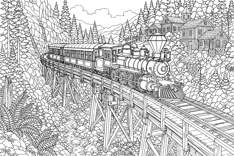 Waldgebirgsbahn mit Holzviadukt - Ausmalbild