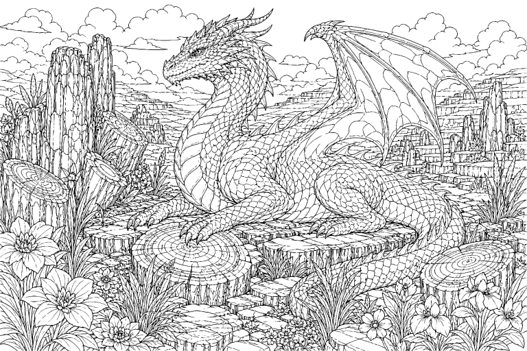Der Drache im Garten der versteinerten Bäume - Ausmalbild