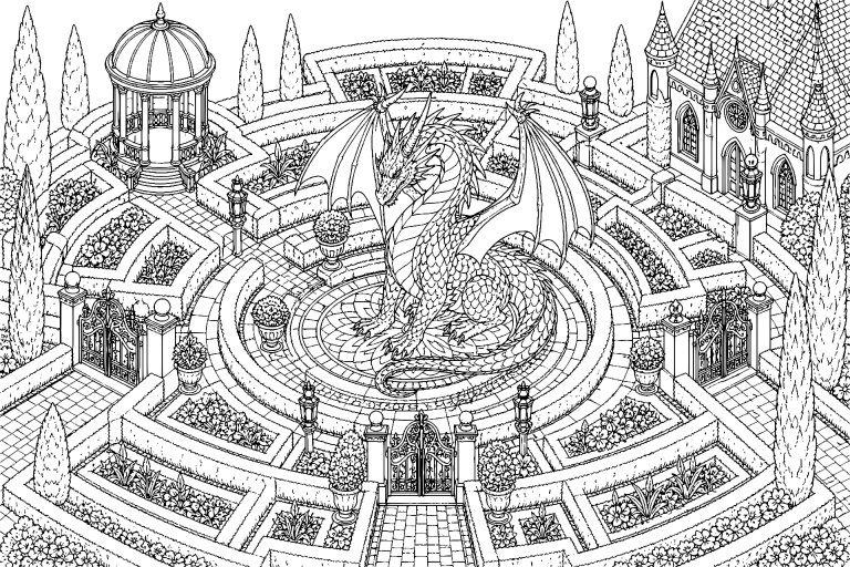 Der Drache im Labyrinth der Hecken - Ausmalbild