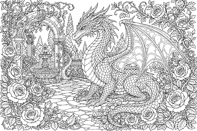 Der Drache im verwunschenen Rosengarten - Ausmalbild