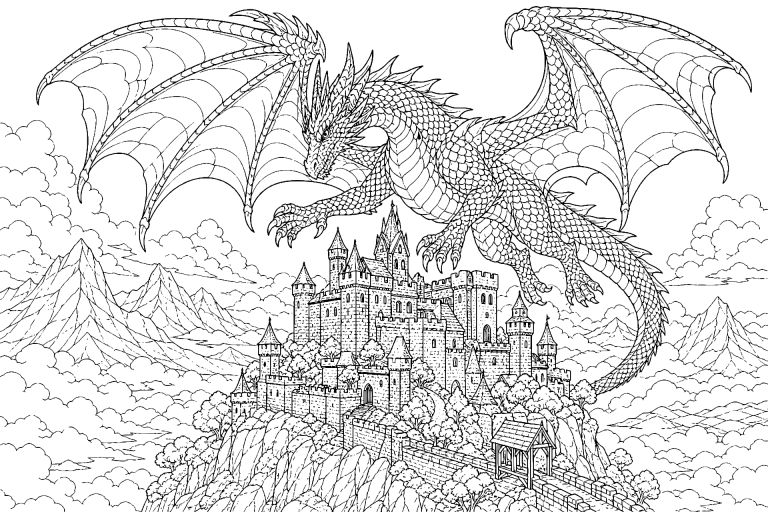 Der Drache über der Nebelburg - Ausmalbild