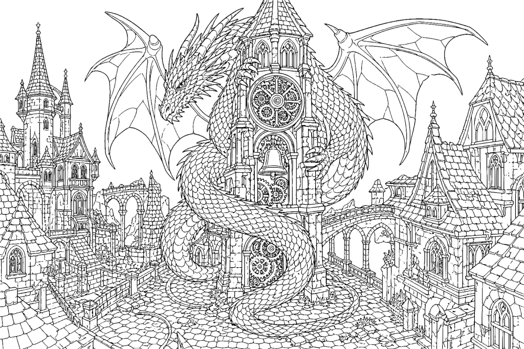 Der Drache und der Uhrturm der Zeit - Ausmalbild