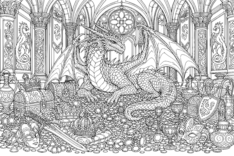 Der Drachenschatz im Gewölbe der Könige - Ausmalbild