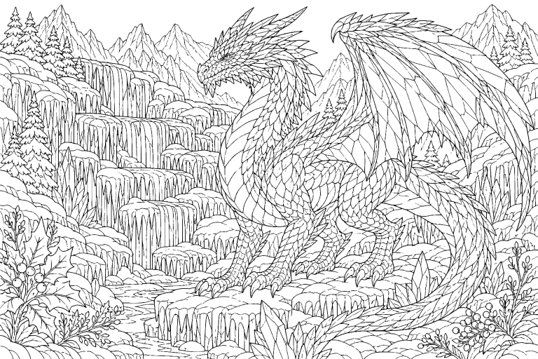 Der Eisdrache am gefrorenen Wasserfall - Ausmalbild