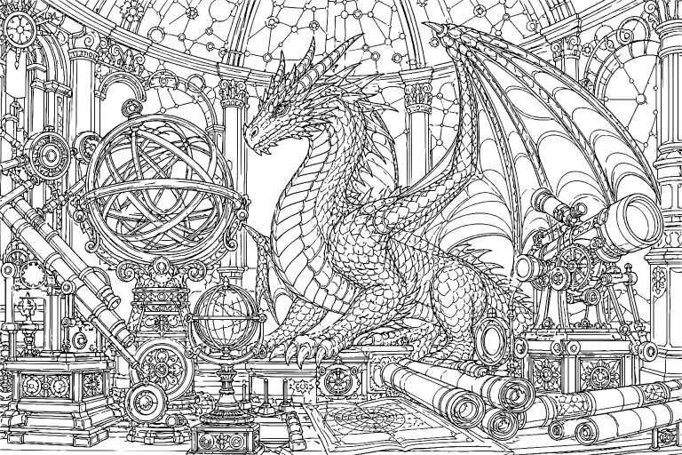 Der Kupferdrache auf der Sternwarte - Ausmalbild