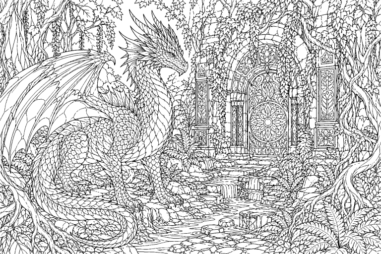 Der Smaragddrache und der Waldtempel - Ausmalbild