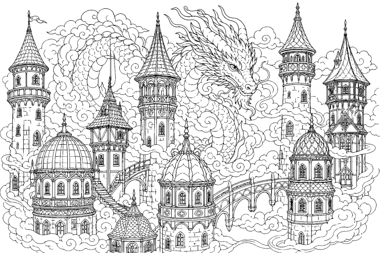 Der Wolkendrache über den sieben Türmen - Ausmalbild