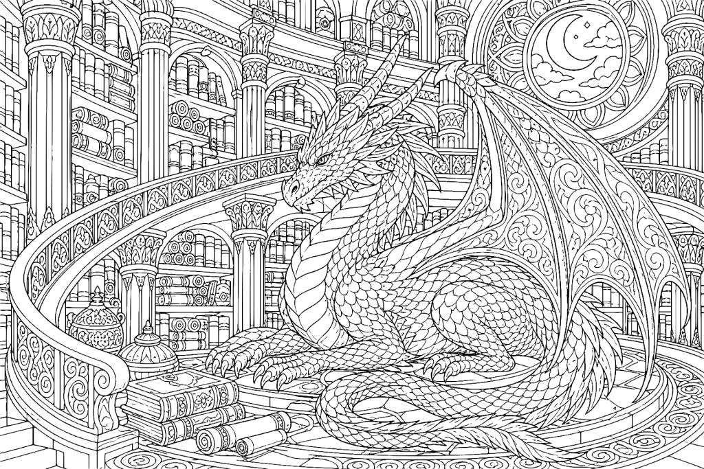 Die Drachenbibliothek im Mondturm - Ausmalbild