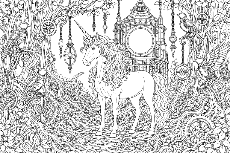 Das Einhorn im Uhrenwald - Ausmalbild