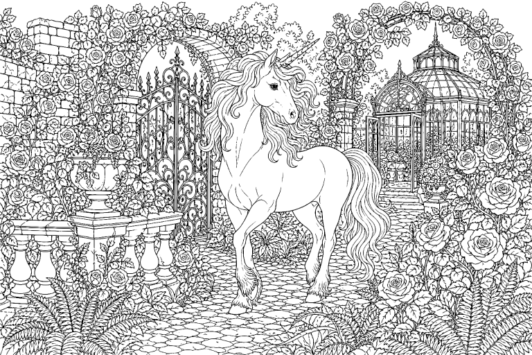 Das Einhorn und der verwunschene Rosengarten - Ausmalbild