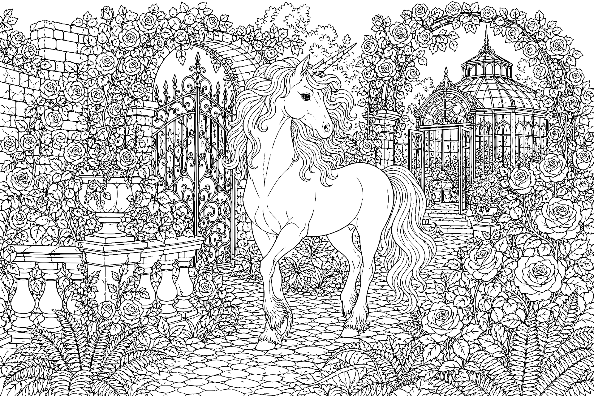 Das Einhorn und der verwunschene Rosengarten - Ausmalbild