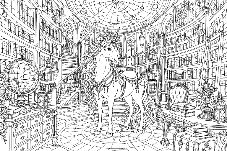 Die Einhornbibliothek im Sternenturm - Ausmalbild