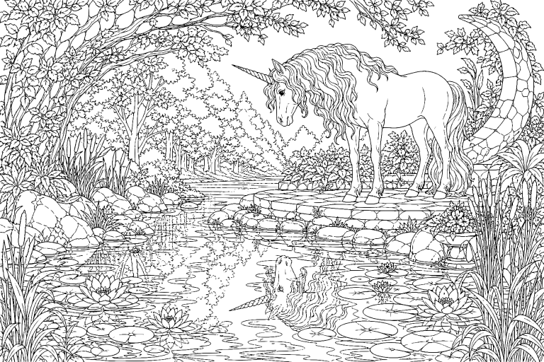 Einhorn am Spiegelteich der Mondfee - Ausmalbild