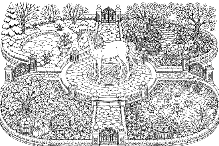 Einhorn am Tor der vier Jahreszeiten - Ausmalbild