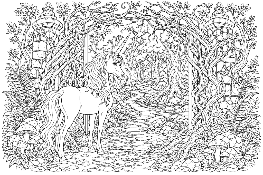 Einhorn am Tor des Feenwaldes - Ausmalbild