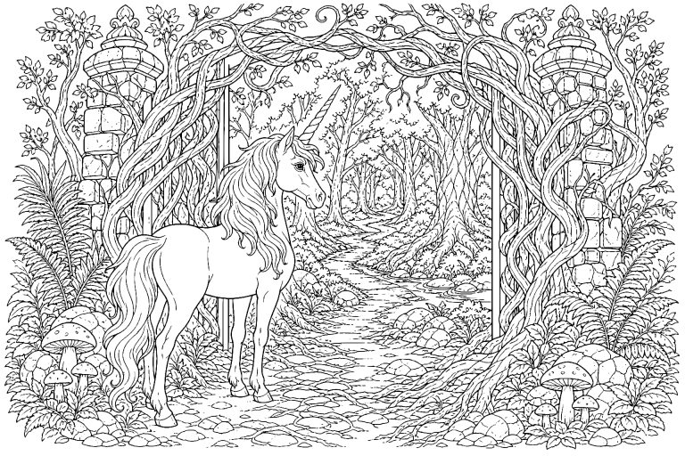 Einhorn am Tor des Feenwaldes - Ausmalbild