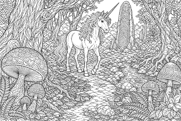 Einhorn auf dem Pfad der leuchtenden Pilze - Ausmalbild