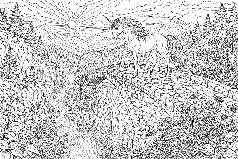 Einhorn auf der Brücke der Morgenröte - Ausmalbild