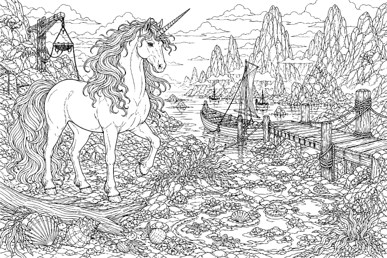Einhorn auf der Insel der Nebelboote - Ausmalbild