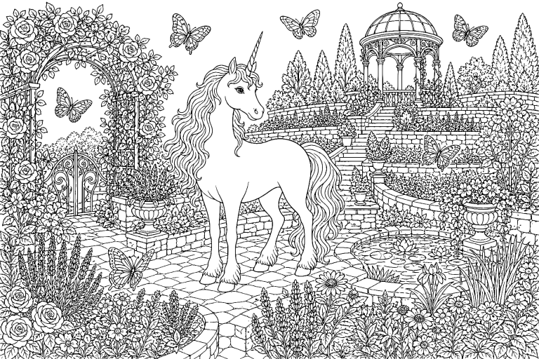 Einhorn im Garten der fliegenden Schmetterlinge - Ausmalbild
