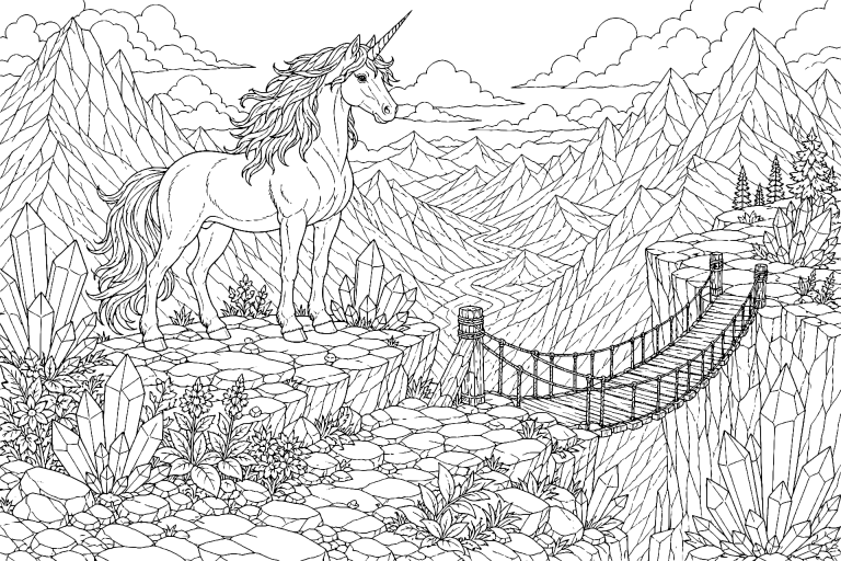 Einhorn im Kristallgebirge - Ausmalbild