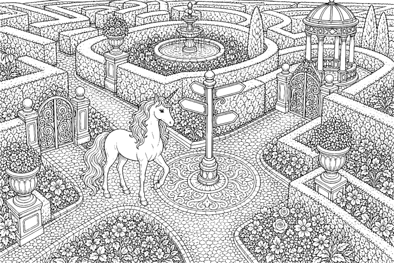 Einhorn im Labyrinth der Hecken - Ausmalbild