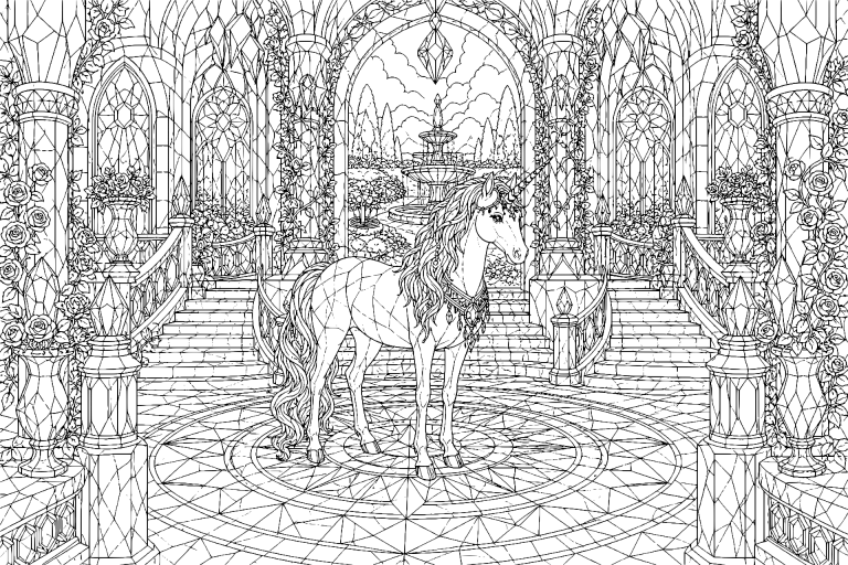 Einhorn im Palast aus Rosenquarz - Ausmalbild