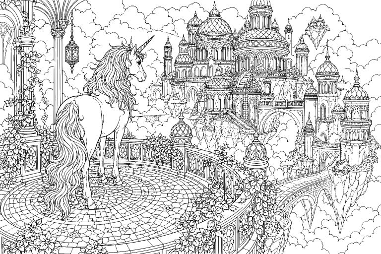 Einhorn in der Bibliothek der Wolkenschlösser - Ausmalbild