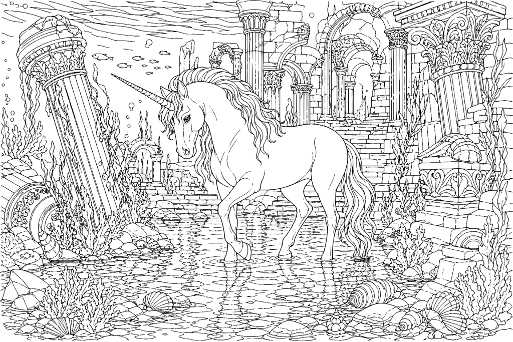 Einhorn in der versunkenen Palastruine - Ausmalbild