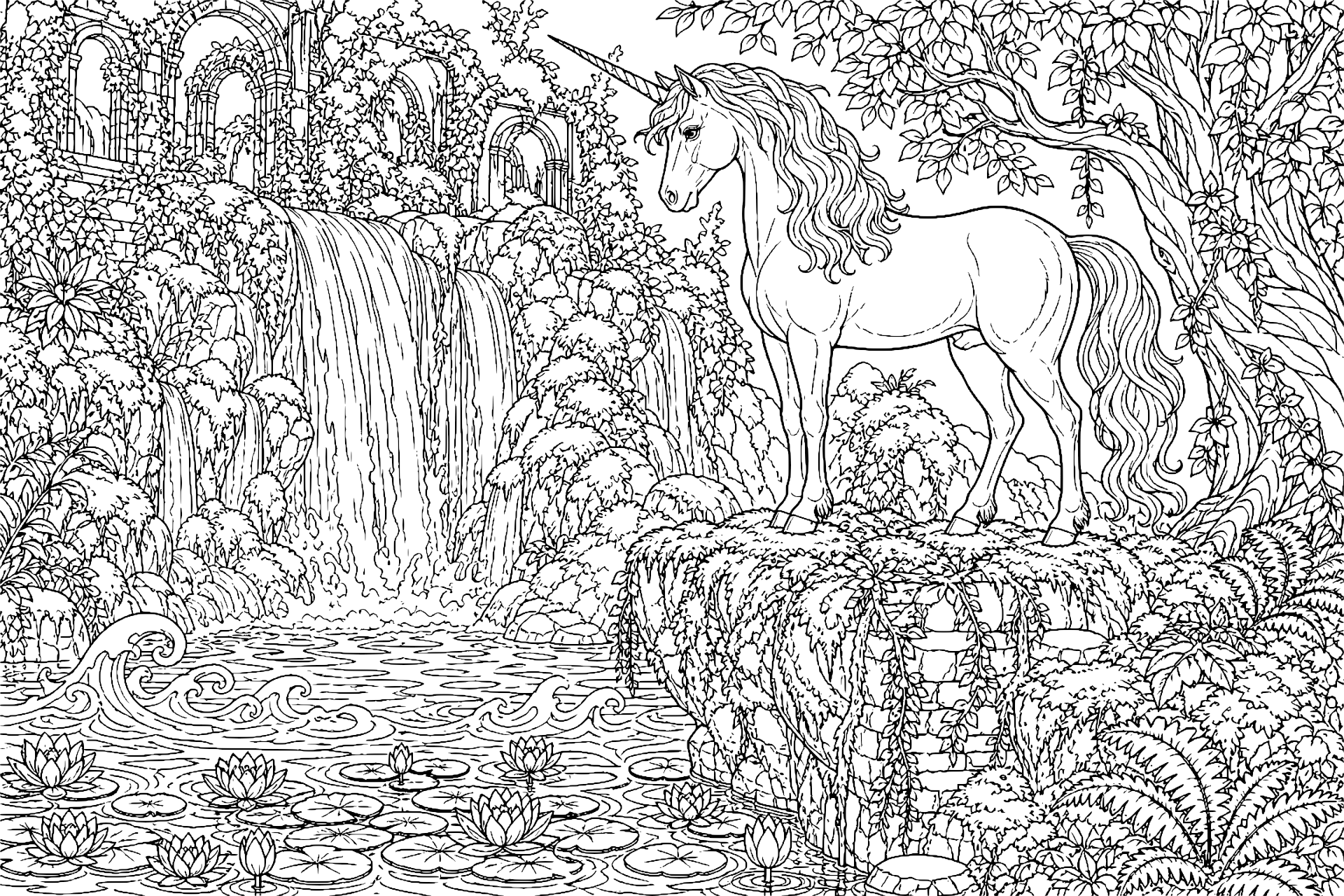 Einhorn und der verzauberte Wasserfall - Ausmalbild