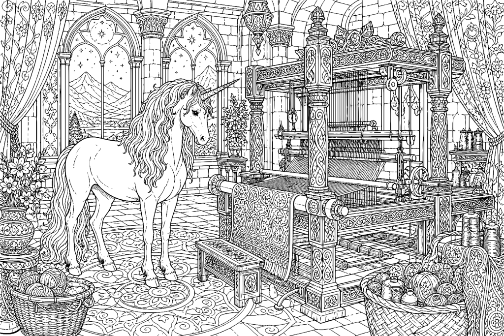 Einhorn und der Webstuhl der Schicksalsfäden - Ausmalbild