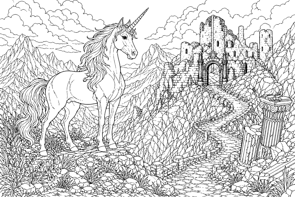 Einhorn und die Ruinen des Drachenpasses - Ausmalbild