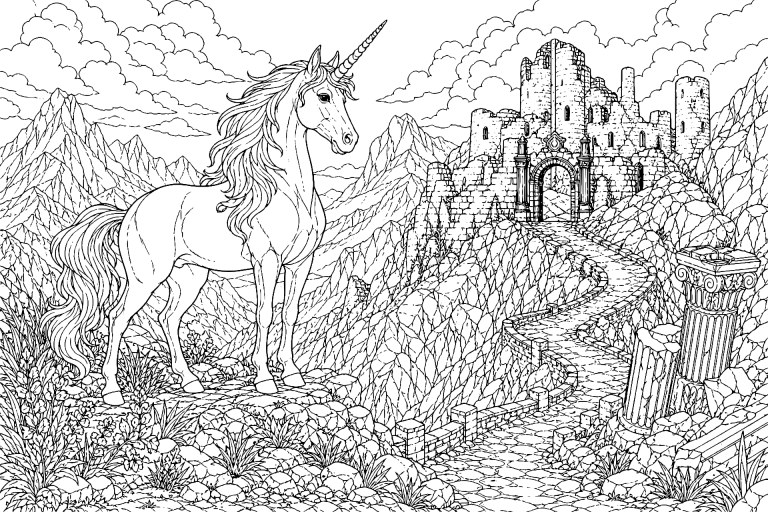 Einhorn und die Ruinen des Drachenpasses - Ausmalbild