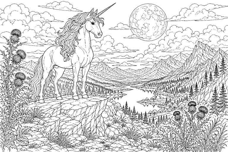 Einhorn unter dem silbernen Mond - Ausmalbild