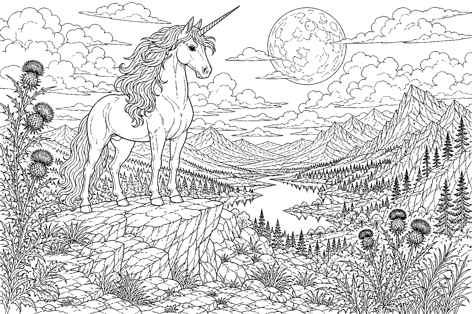 Einhorn unter dem silbernen Mond - Ausmalbild