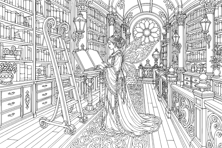 Die Bibliotheksfee und das vergessene Märchen - Ausmalbild