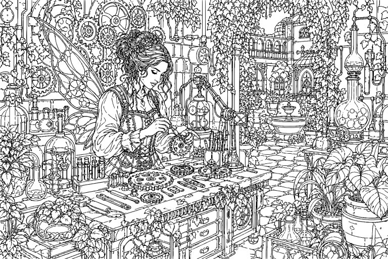 Garten der mechanischen Feen - Ausmalbild