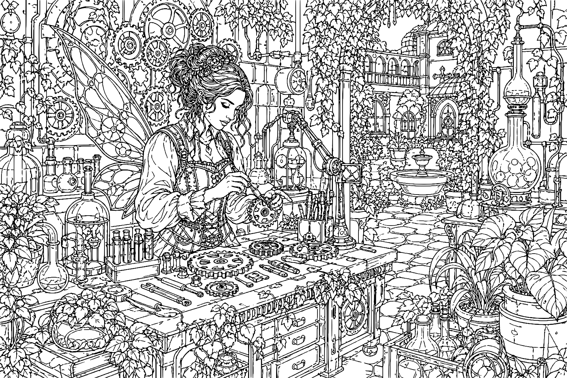 Garten der mechanischen Feen – Ausmalbild